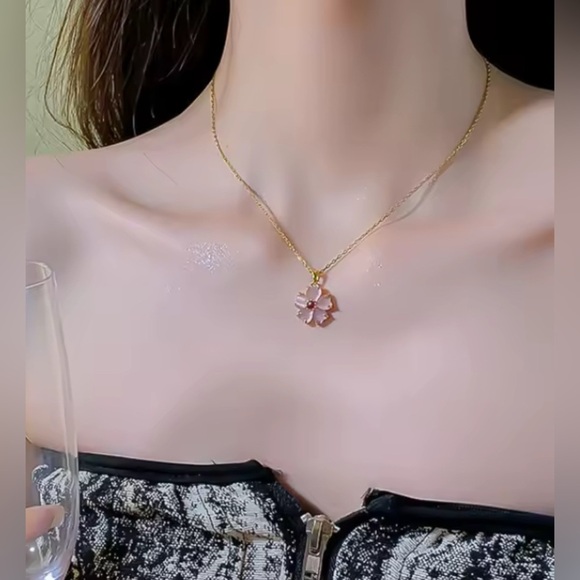 18K Gold Japanese Cherry Blossom Sakura Gemstone Pendant Necklace Bohemian - Picture 6 of 12